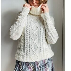 Lauren Jean Co Cableknit Turtleneck Sweater Womens Size L Cream Linen/Cotton